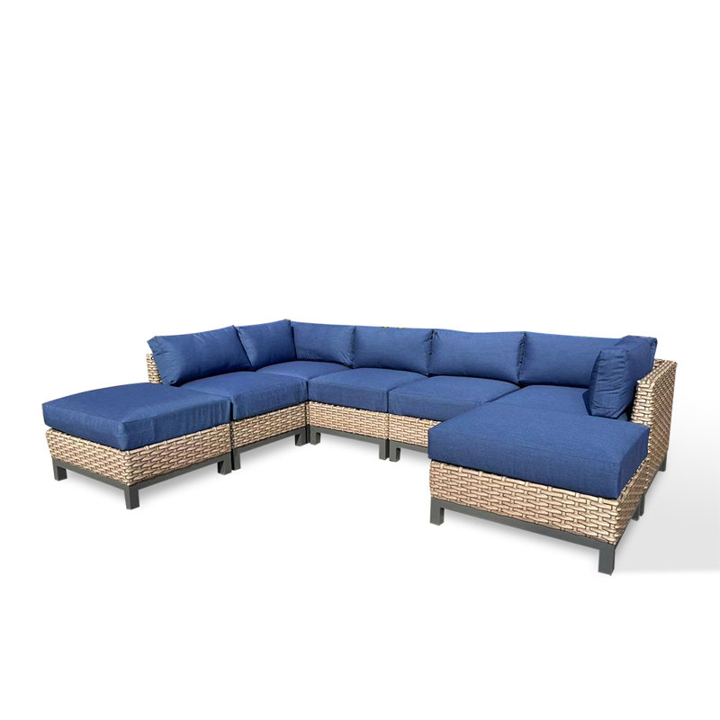 Iliah 116.54'' Wide U-Shaped Aluminum Patio Sectional with Cushions, Blue