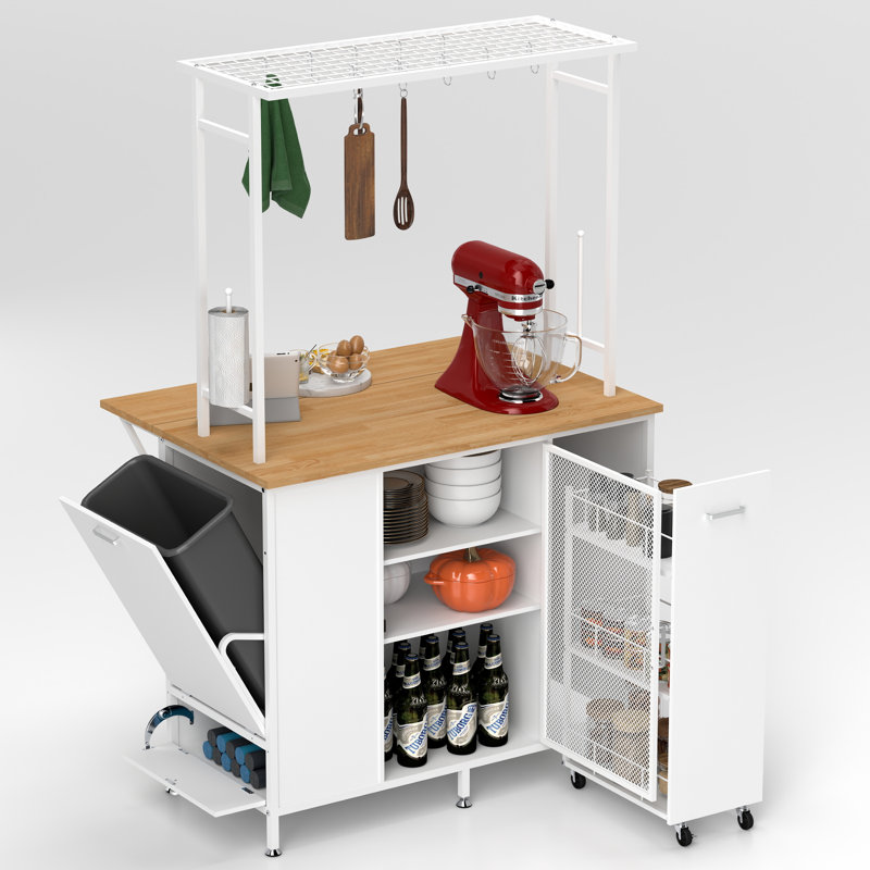 Îlot de cuisine mobile avec espace de rangement, barre de petit-déjeuner pliable à cadre en fer blanc avec étagères de rangement, crochets à tiroirs, table basse multifonctionnelle pour la cuisine