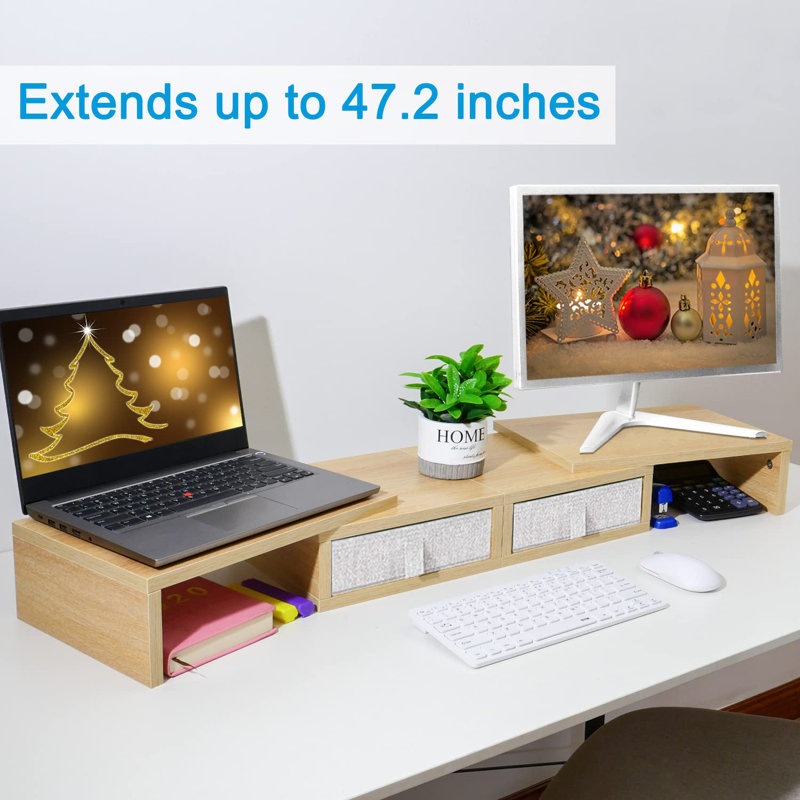 Dual Monitor Stand Riser with 2 Drawers-Length and Angle Adjustable shelf Riser with Storage, Maple