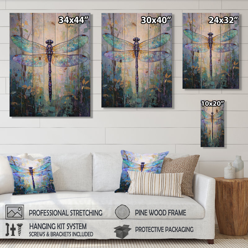 Libellule ailes iridescentes - décoration murale moderne en bois sur bois de pin naturel, H 44 po x l 34 po