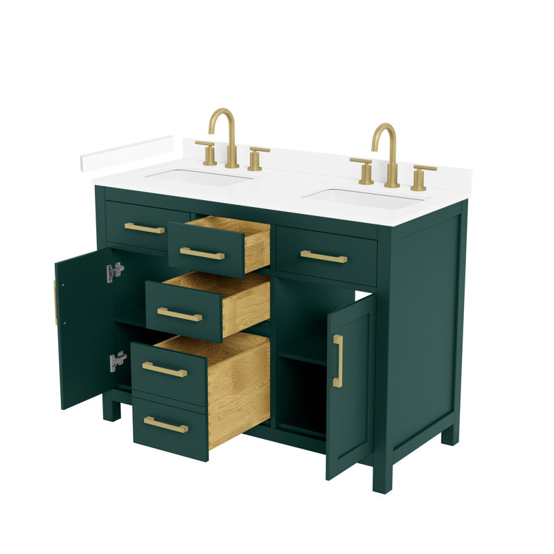 Ensemble de meuble-lavabo double 48 po Beckett, Vert avec bordure dorée brossée, Comptoir en marbre de culture blanc