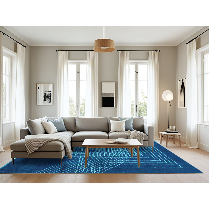Tapis bleu abstrait en laine et polyester tissés à la machine, Rectangle 8 pi x 12 pi
