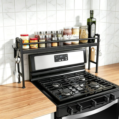 Simple Trending 32.4" Wide Over the Stove Spice Rack with 4 Hooks, Black