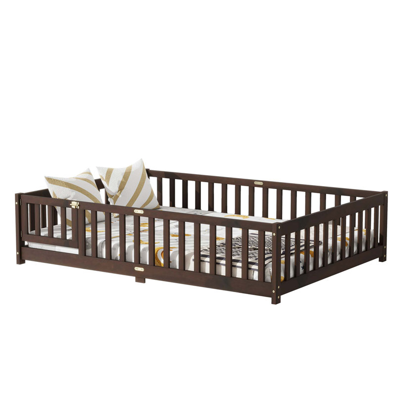 Lit de plancher avec clôture et porte, lit de plancher en bois d'hévéa avec barrières de sécurité, Double, Espresso