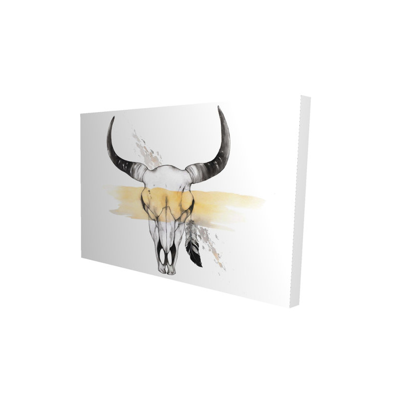 Cow Skull with Feather - Rustic Living Room Canvas Decor