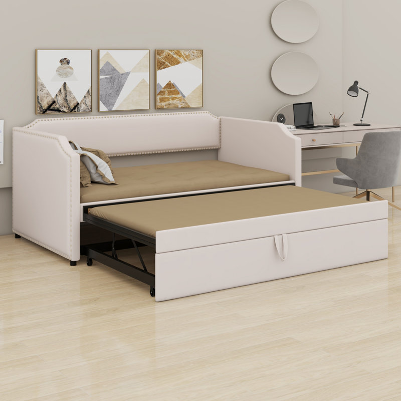 Lit de jour rembourré avec lit gigogne, Beige