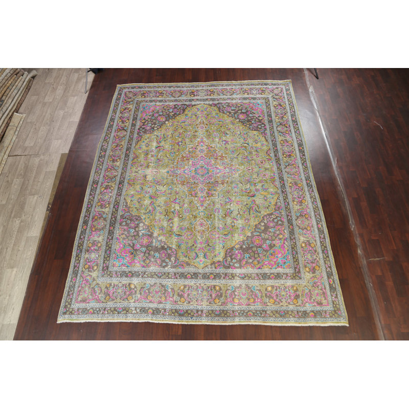 Tapis vert en laine noué à la main de conception unique 9 pi 8 po x 12 pi 5 po