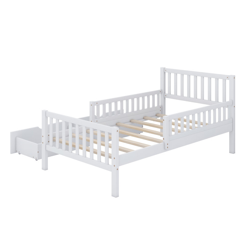 Lit plateforme fonctionnel avec garde-corps de protection des deux côtés et tiroirs de rangement, White