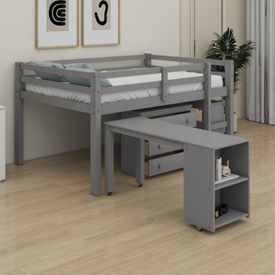 Lit mezzanine bas avec tiroirs, tablettes et bureau portatif à roulettes