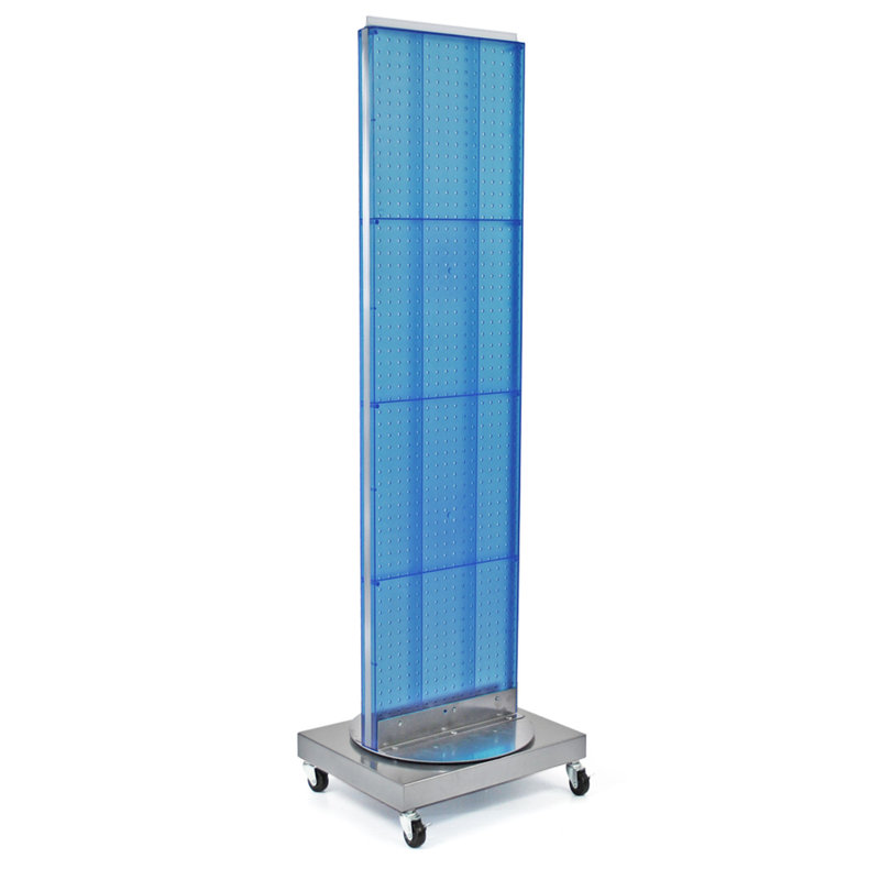 Présentoir de plancher perforé à deux côtés sur base pivotante à roulettes. Support à roulettes. Taille du panneau: l 16 po x H 60 po