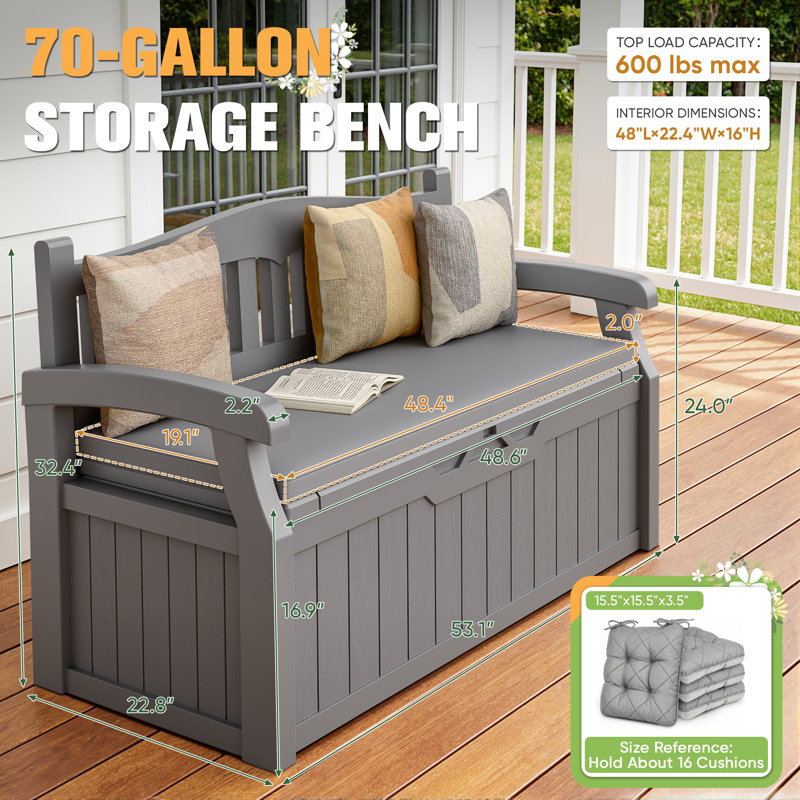70-Gallon Plastic Storage Bench With Cushion & Lockable Lid, All-Weather Outdoor Indoor Use For Patio, Gray
