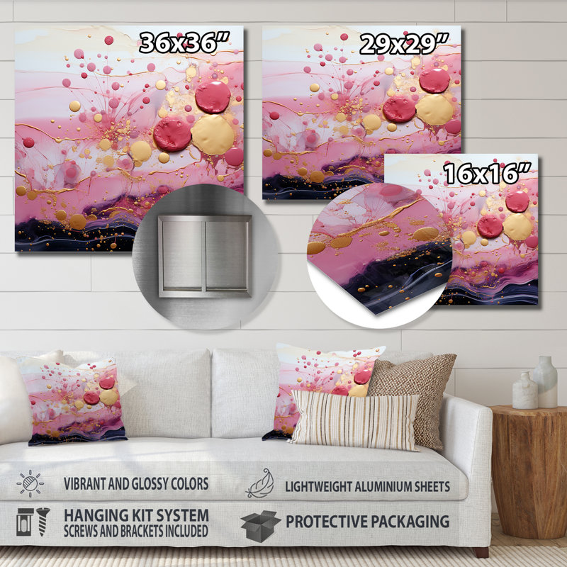 Or et rose, formes liquides modernes IV - décoration murale abstraite en métal, H 36 po x l 36 po