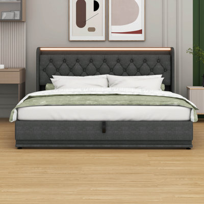 Upholstered Bed: Hydraulic Storage, 360° Surround LED, Buttons/Apps/Remote Control & USB Type-C Charging