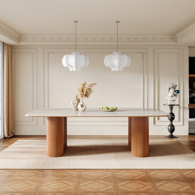 78.7" Stone Kitchen Dining Table for 8 with Solid Wood Legs, Travertine Slab Top, Semi-Circular Stripe Base