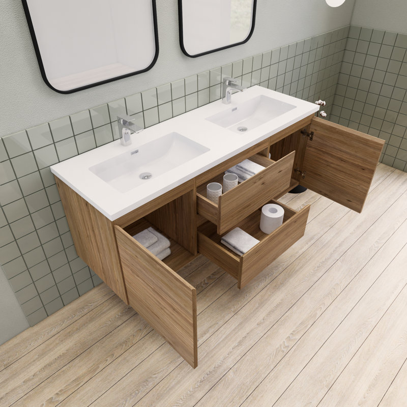 Alcester 59.2'' Double Bathroom Vanity with Resin Top, Natural Oak