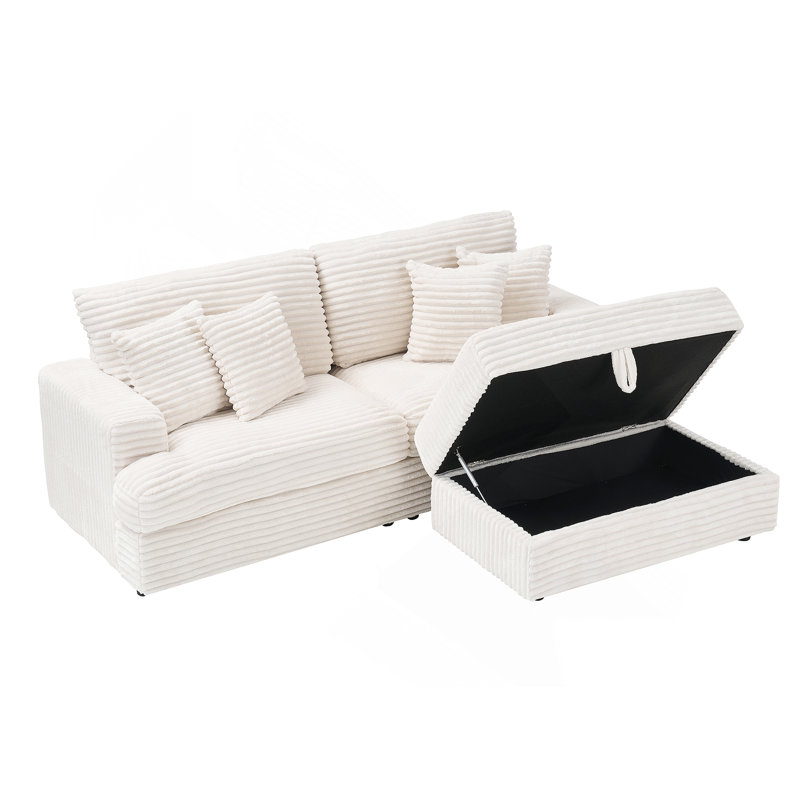 79.3''Modern Corduroy L-Shaped Sectional Sofa with Ottoman, White