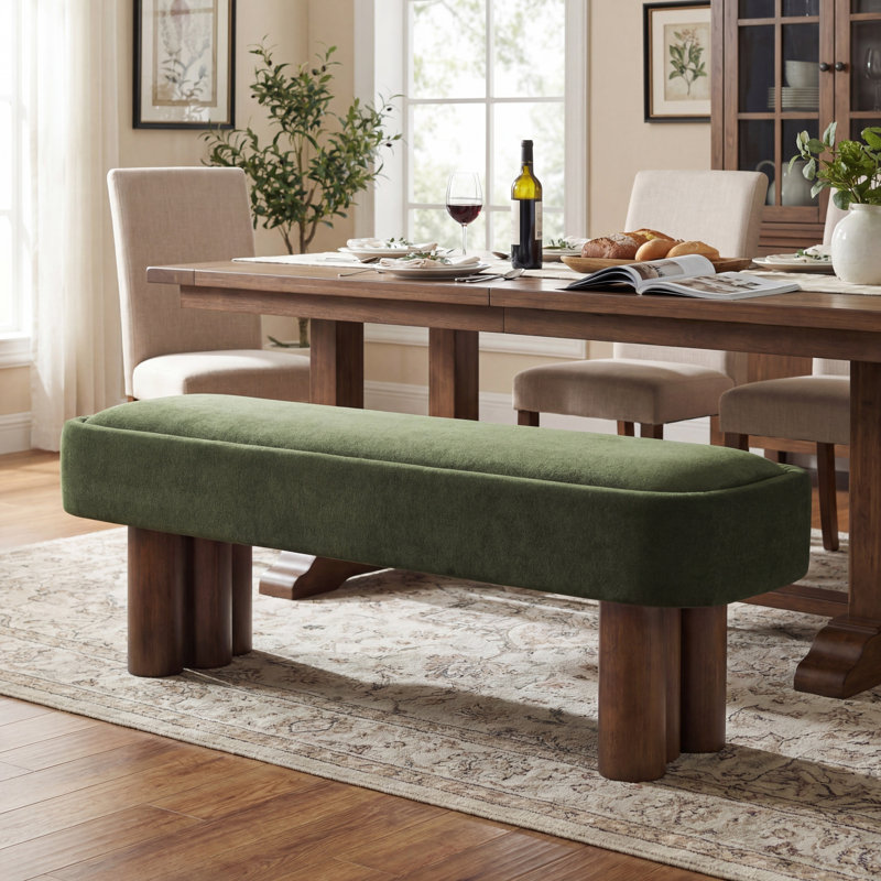 Karsen Mid-Century Modern Upholstered Dining Bench with Wooden Legs, Green Polyester, 19.09" H x 60.04" W x 17.32" D