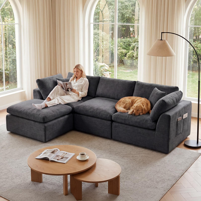Canapé modulaire en chenille de 110 po, 4 pièces, nuage en mousse à mémoire de forme et repose-pieds, gris, Gray Chenille