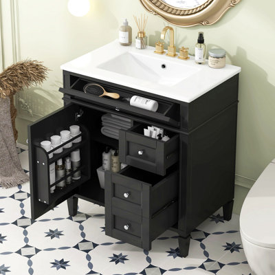 Meuble-lavabo de 30 po avec lavabo supérieur, meuble-lavabo moderne avec 2 tiroirs et tiroir escamotable, meuble-lavabo simple