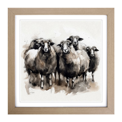 Sheep Ink Wash No.2 - Single Picture Frame Print on Wood