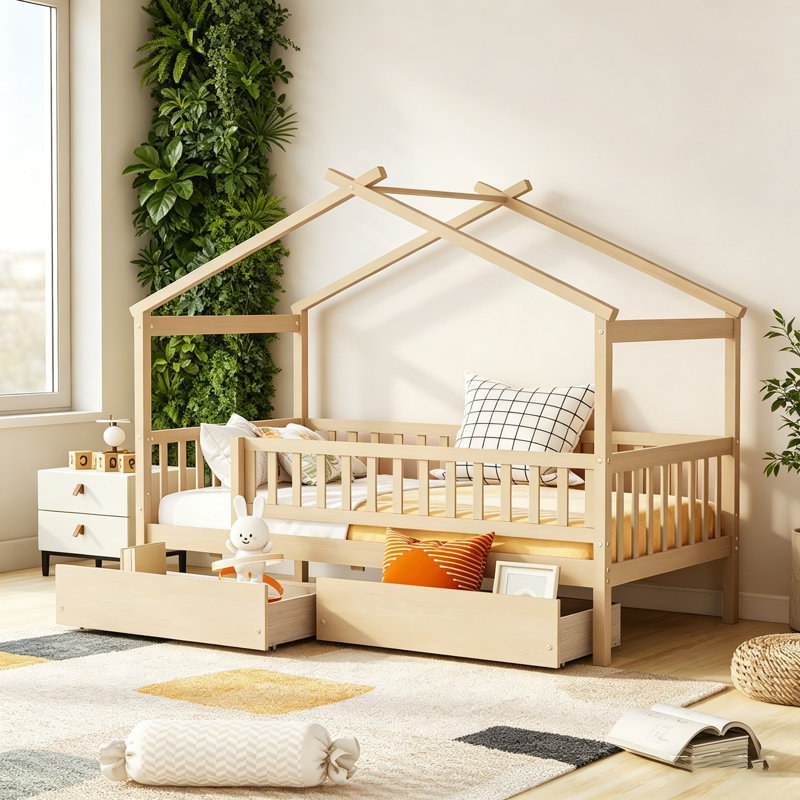 Lit simple en bois avec deux tiroirs et conception robuste pour les chambres d'enfants et les petits espaces, Naturel