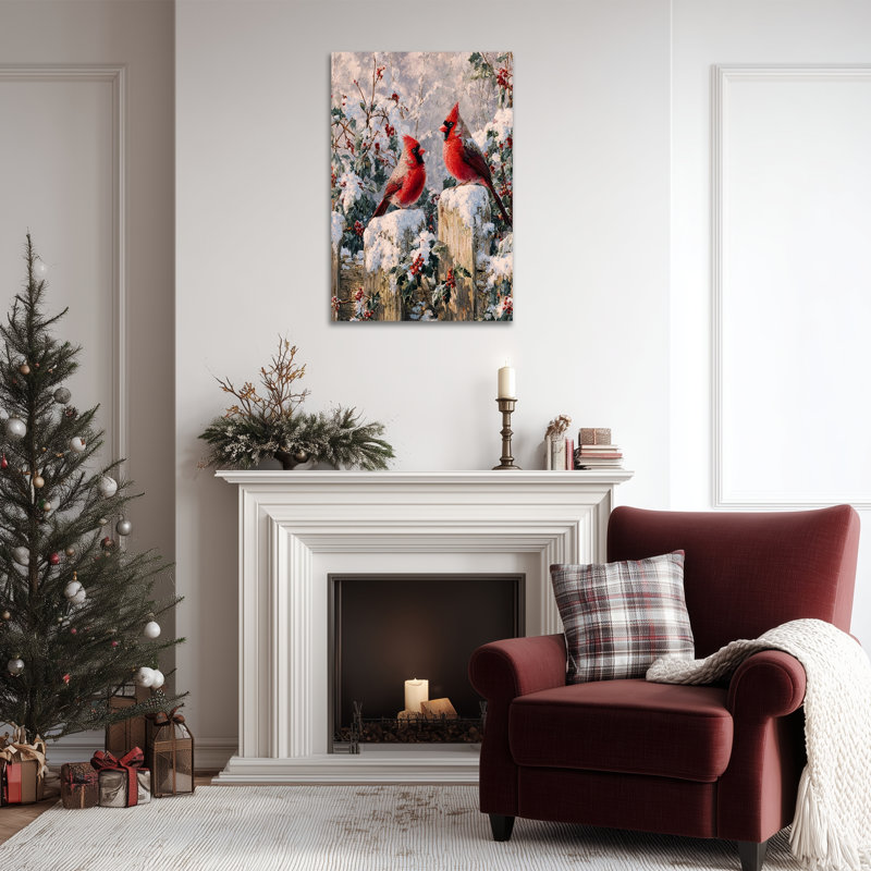Cardinal Winter Wall Art - décorations murales photos de Noël, art de Noël oiseau rétro, peintures murales sur toile des Fêtes pour le salon, impressions sur toile tendue encadrée, 12 po x 18 po