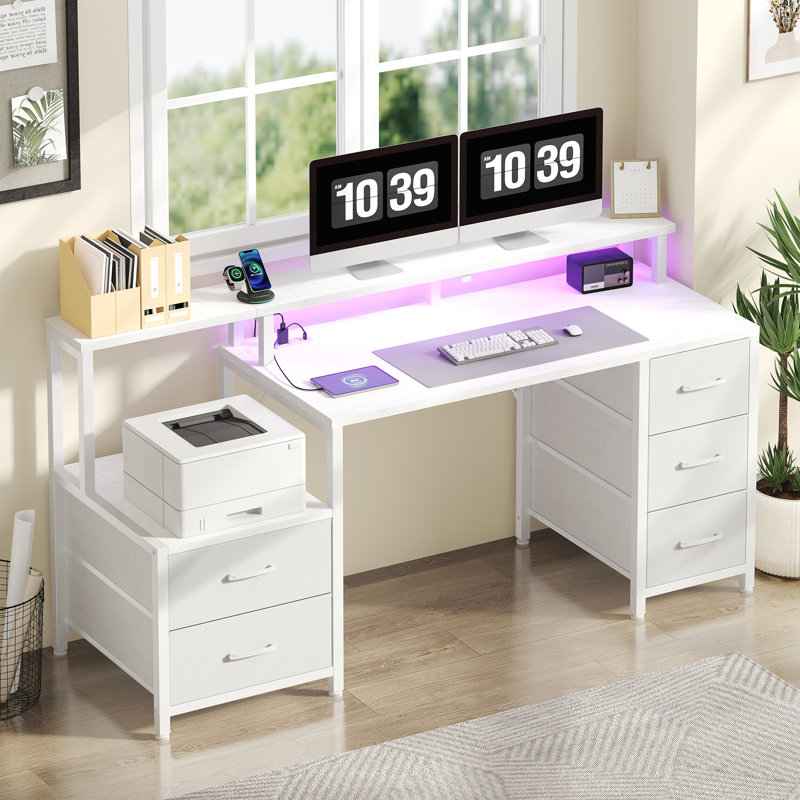 67'' Computer Desk with 4 Drawer, Printer Cabinet and Power Outlet, White