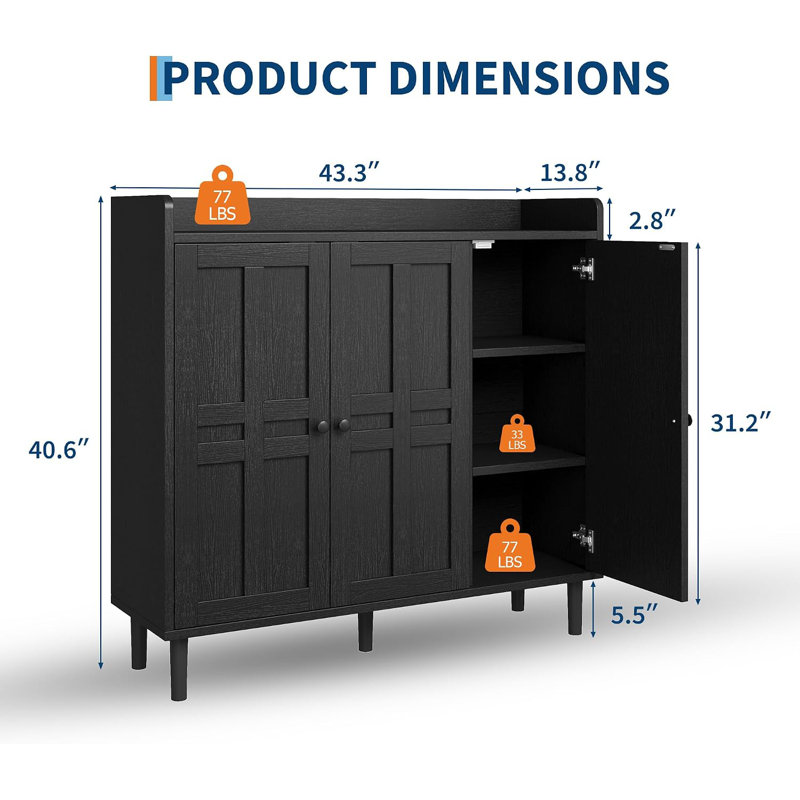 Range-chaussures à 3 portes, rangement pour chaussures de 43 po de largeur pour 25 à 30 paires, Noir