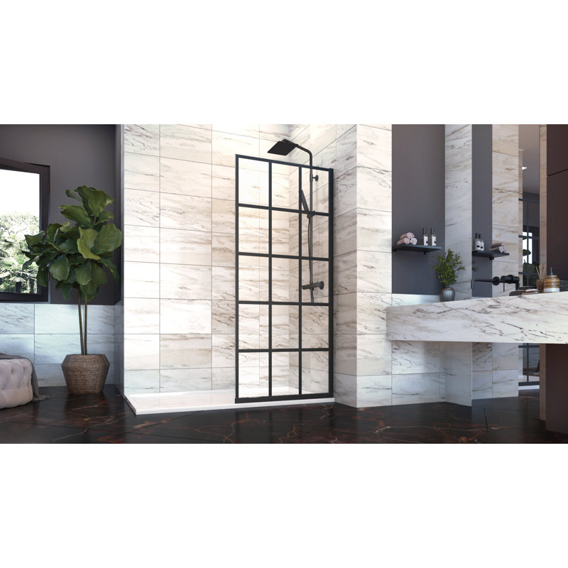 Eurolite l 34 po x H 76 po Porte de douche à panneau simple à demi-cadre noir mat avec verre transparent de 3/8 po Eurolite