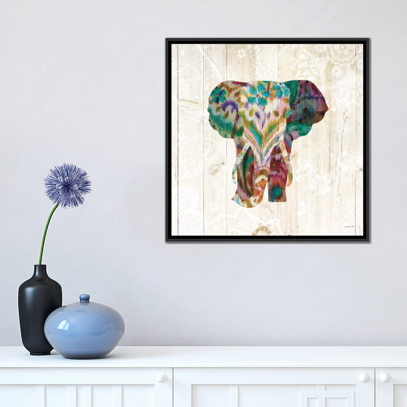 «Boho Paisley Elephant III», impression sur toile, H 18 po x l 18 po x P 1,5 po, Pas de tapis, Toile avec cadre noir