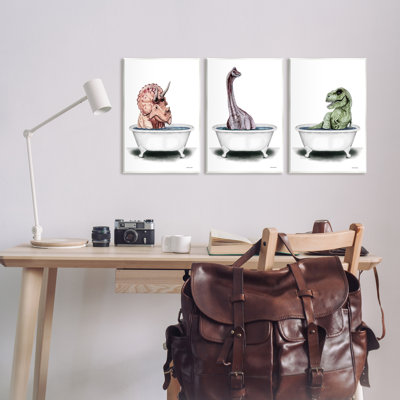 «Fun Dinosaurs Bathroom Tubs» par Sally Swatland - ensemble de 3 impressions