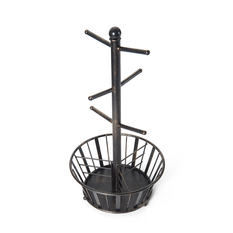 Black Wrought Iron 6-Cup Mug Tree with Storage Basket