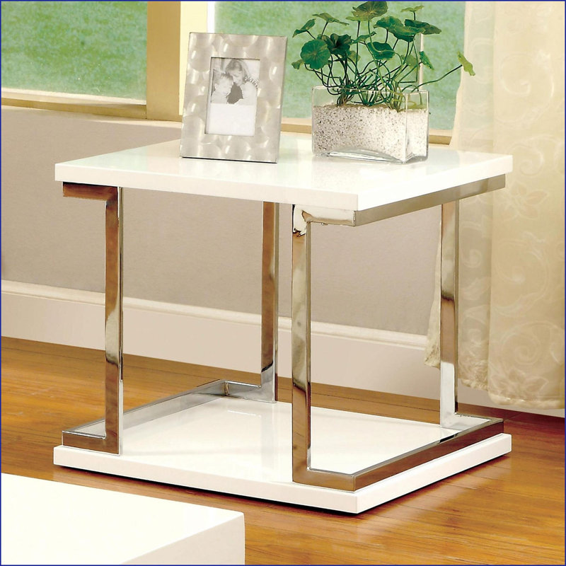 Table de bout contemporaine blanche avec structure chromée, laque ultrabrillante Tablette ouverte pour le salon