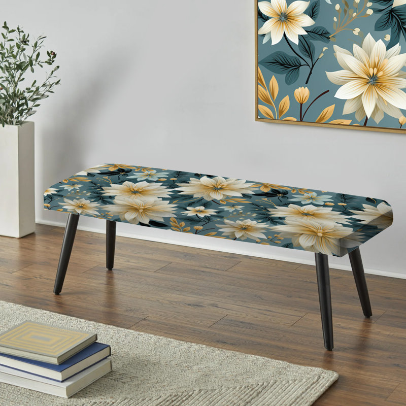 Banc rembourré floral bleu et doré à motif floral Harmony Fusion I