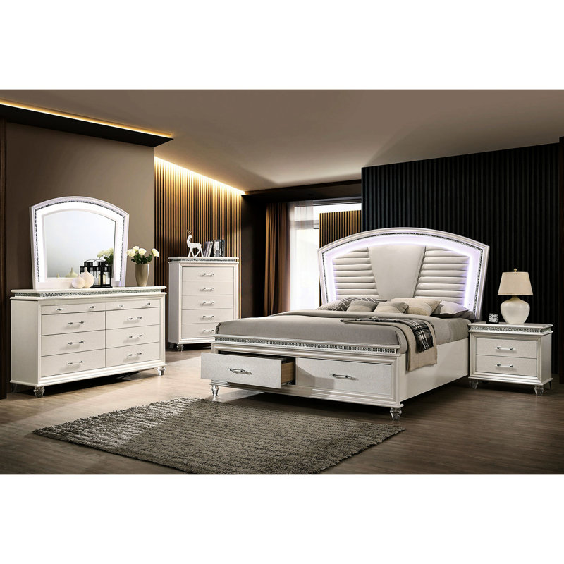 Table de chevet 2 tiroirs blanc perle, avec accents en cristal et pieds en plastique, base en métal