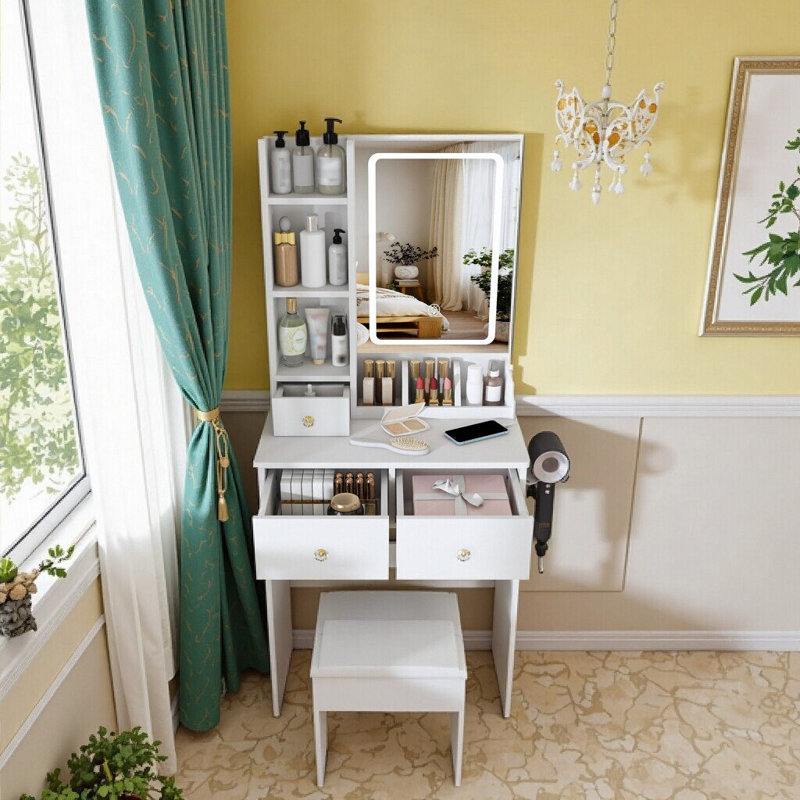 Petit bureau de meuble-lavabo avec 3 modes d'éclairage à DEL, 3 tiroirs et prise de courant, table de maquillage élégante
