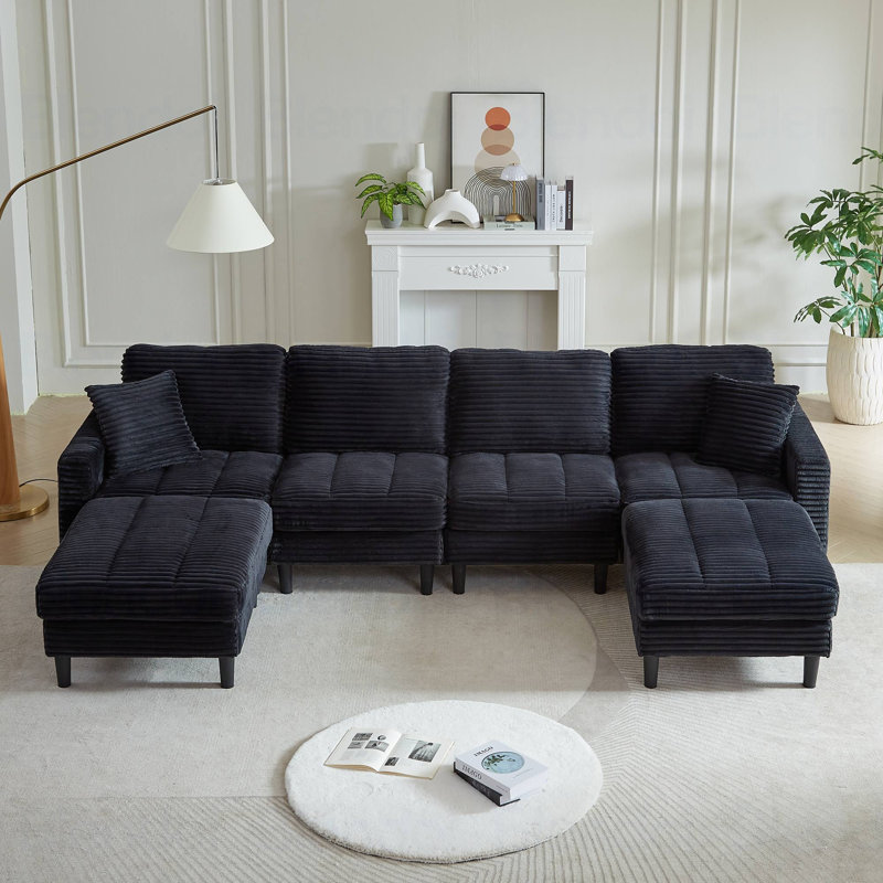 Canapé modulaire en U avec 2 coussins, Velours côtelé noir