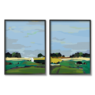 Paysage champêtre abstrait de campagne par Nikita Jariwala - Ensemble de 2 peintures sur bois