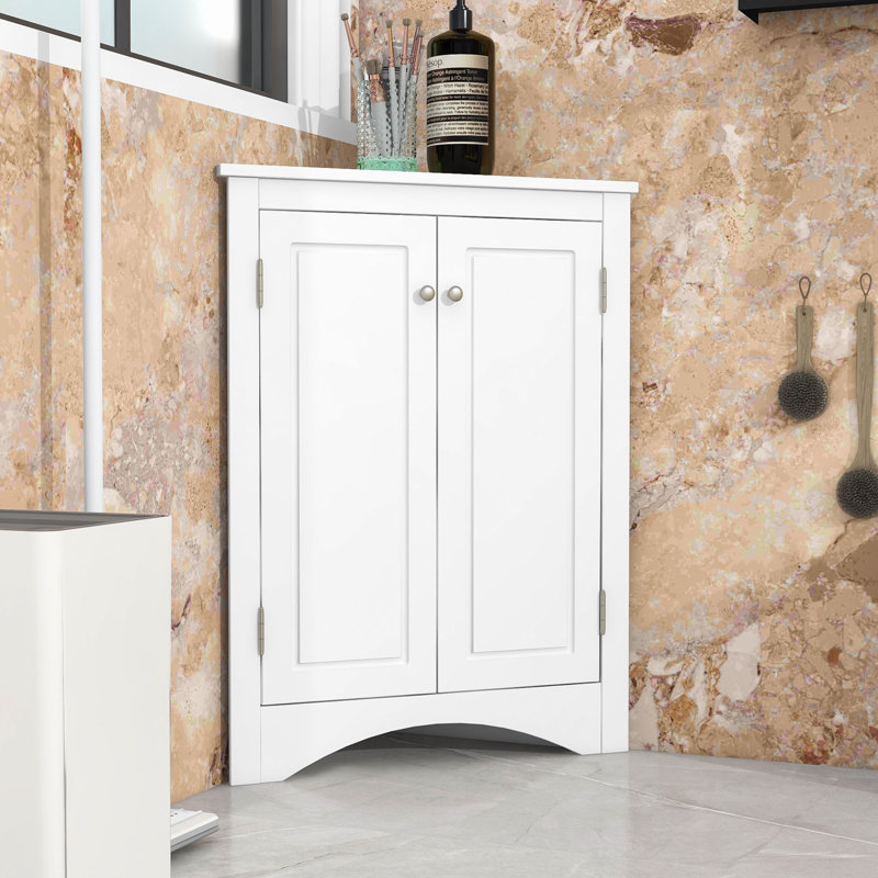 Freestanding Wooden Corner Bathroom Storage Cabinet with Door and Adjustable Shelves, White