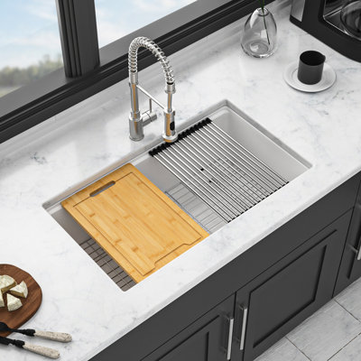 30X19", White, Granite Composite, Kitchen Sink, Workstation, Undermount, Material, Quiet In Use, Cutting Board, Drying Roll - Up Rack White Quartz 30X19" Undermount Workstation Easy To Clean Surface,