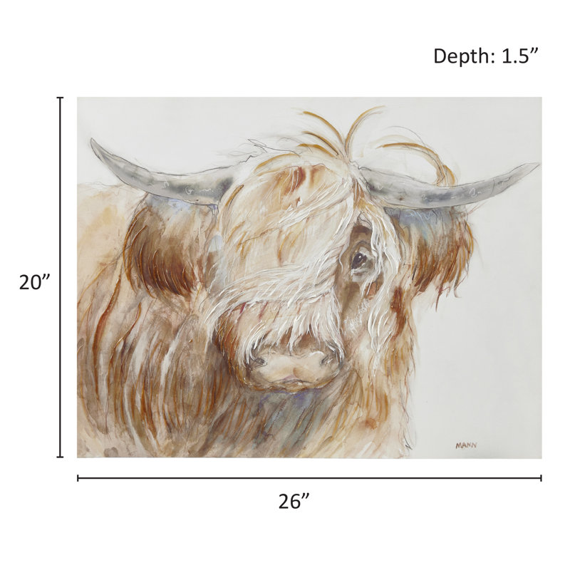 Hand Embellished Highland Bull Canvas Wall Art in Brown and White