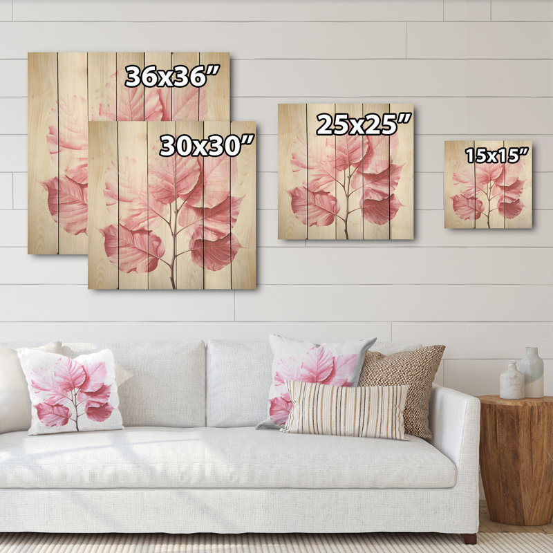 «Pink Leaves Rose Radiance I», art mural sur bois de pin naturel, H 25 po x l 25 po
