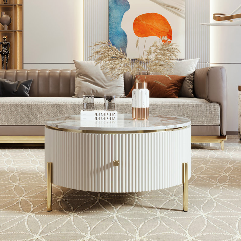 Table basse moderne avec 2 grands tiroirs de rangement Modern (table basse incluse, sans chaises), Blanc cassé