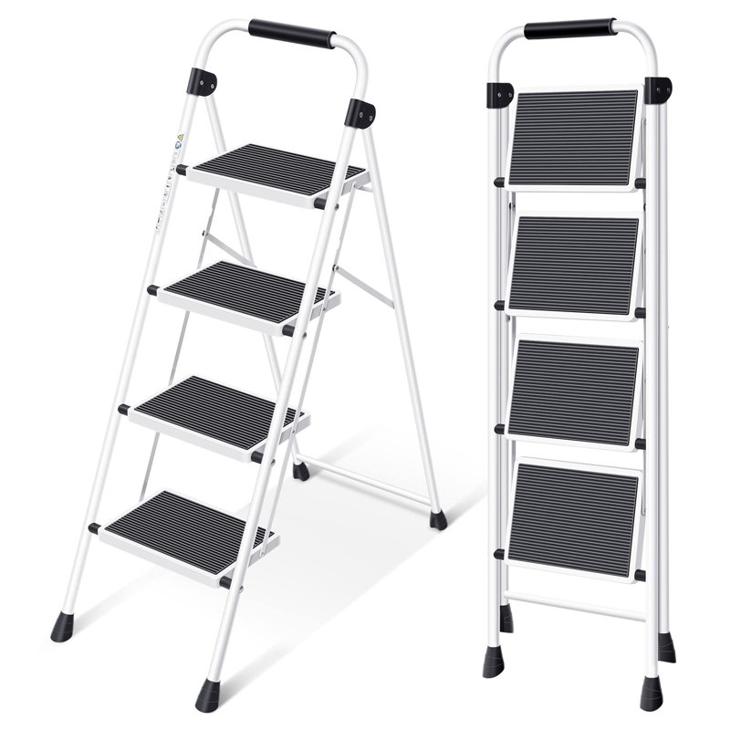 Tabouret à 4 marches Escabeau robuste en acier robuste avec mains courantes et larges marches, Blanc