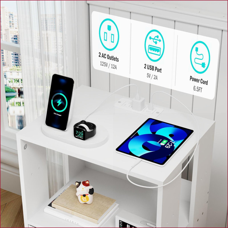 2 Pack Modern Nightstand with Charging Station &amp; LED Light, White