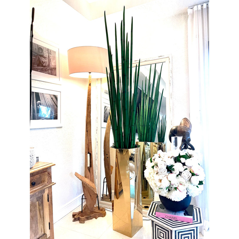 Tone Prism Planter With Artificial Snake Grass Plant, Gold