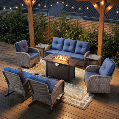 All-Weather Outdoor Wicker Porch Nighttime Family Fire Pit Set With Sofa, Rocking Chairs And Swivel Chairs
