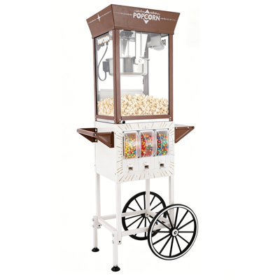 Vintage 12 oz. Machine à maïs soufflé professionnelle avec chariot de concession, d'une hauteur de 54 pouces, pour 50 tasses de maïs soufflé, y compris une tasse à mesurer, une cuillère et des tasses de service