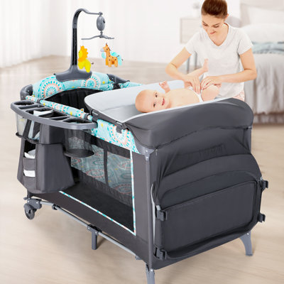5-in-1 Baby Bassinet Bedside Crib with Mattress, Detachable Changing Table and Carry Bag, Foldable Portable Playard for Newborn Toddlers
