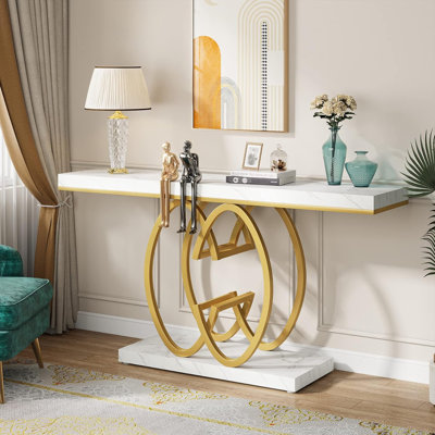55-Inch Gold Console Table For Entryway, Modern Faux Marble Foyer Table With Geometric Metal Legs, Narrow Long Sofa Table For Living Room -  Everly Quinn, 64385BC761544D5F9279DB814BBBEF1C